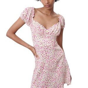 Zara Linen Blend White & Pink Floral Fit & Flare Mini Summer Dress